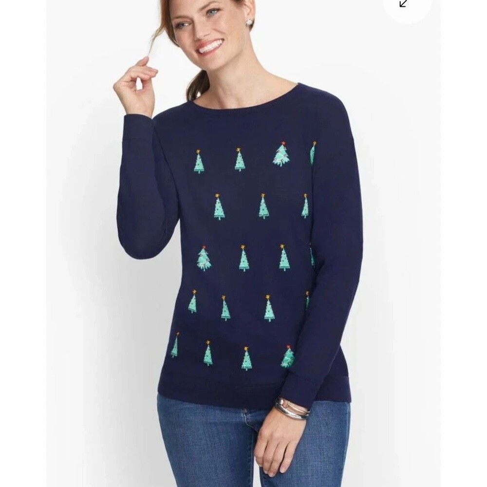 Talbots Christmas Embroidered Tree Sweater Size P Pullover Crew Cashmere blend